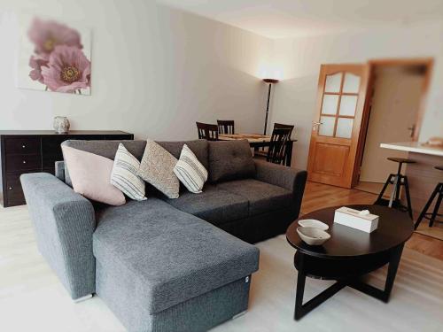 uma sala de estar com um sofá e uma mesa em Cozy 2 bedroom apartment - metro Montgomery em Bruxelas