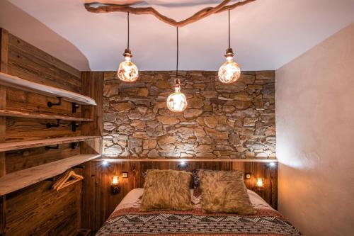 孔布盧的住宿－Le GoOfy, Centre, Navettes pistes ski Combloux，石墙房间内的一张床位
