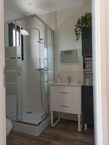 een badkamer met een glazen douche en een wastafel bij Chambre studio aménagé in Cers