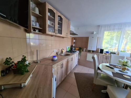a kitchen with wooden cabinets and a table with a dining room at CASA ALEX in Sărata-Monteoru