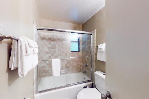 een badkamer met een douche, een toilet en een wastafel bij Mountain Majesty in Stateline