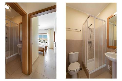 two pictures of a bathroom with a toilet and a sink at Royal Cabanas Gold penthouseT2 in Conceição