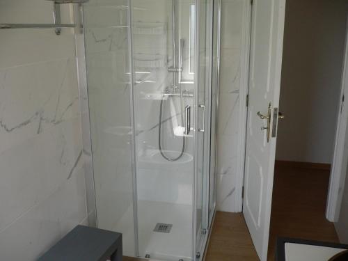 een douche met een glazen deur in de badkamer bij Maria João in Paredes de Coura