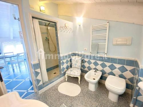 ラ・スペツィアにあるCasa Bouganvilleの青と白のバスルーム(トイレ、シンク付)