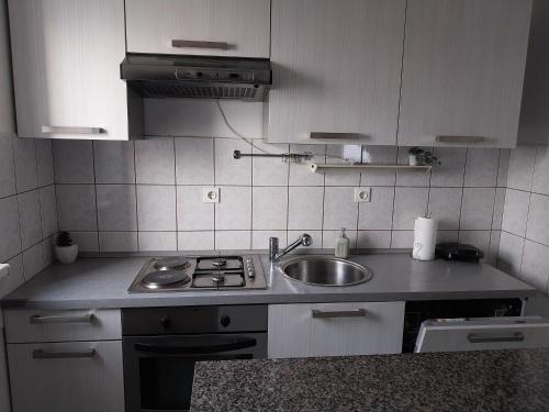 Il comprend une petite cuisine équipée d'un évier et d'une cuisinière. dans l'établissement Apartment Sunset, à Senj
