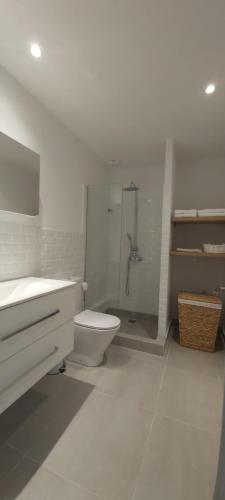 uma casa de banho branca com um WC e um chuveiro em Theta Θ2 Luxury Apartment's em Tessalônica