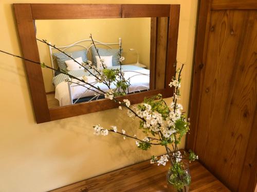 lustro na ścianie z wazą z kwiatami w obiekcie Ferienwohnung Landlust 