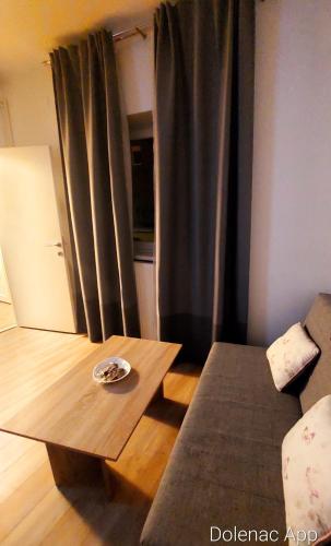 een woonkamer met een bank en een salontafel bij Studio apartman Dolenac in Zagreb