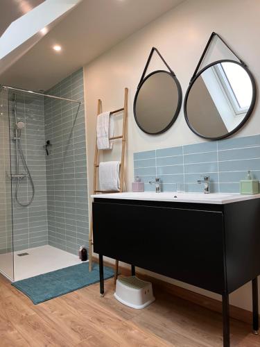 W łazience znajduje się umywalka i lustro. w obiekcie Honfleur - grande maison 10 à 12 pers avec jardin w mieście Honfleur