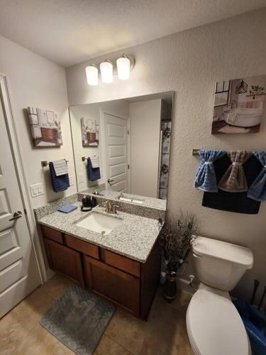 a bathroom with a sink and a toilet and a mirror at Home away from home in Port Charlotte