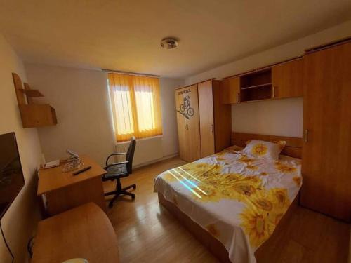 Schlafzimmer mit einem Bett, einem Schreibtisch und einem Stuhl in der Unterkunft Casă centru in Craiova