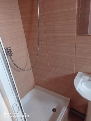 a bathroom with a shower and a sink at Garsoniera confort I in Tulcea