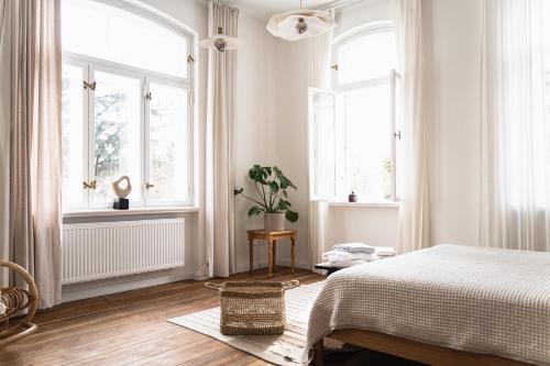 1 dormitorio blanco con 1 cama y 2 ventanas en HORAMI Villa - ORIGAMI Apartment mit Terrasse en Malchow
