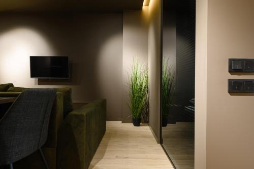 a living room with a green couch and a tv at Luxury Apartments-Belochka in Uzhhorod