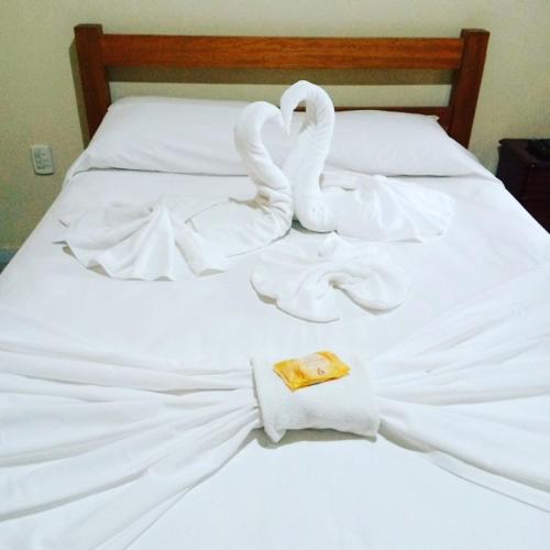 two white swans are made to look like they are towels at Pousada Paraiso pesca esportiva in Serra Negra