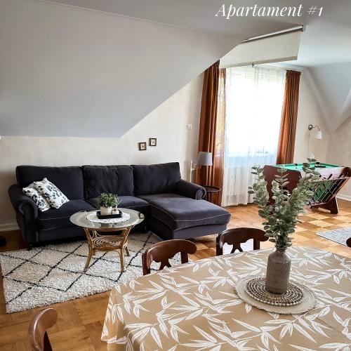 a living room with a couch and a table at Apartamenty 72 - Agroturystyka in Wola Pękoszewska