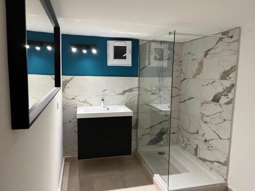 une salle de bain avec un lavabo et une douche en verre dans l'établissement Magnifique Studio Tropézien à 300 m de la plage (parking gratuit), à Saint-Tropez