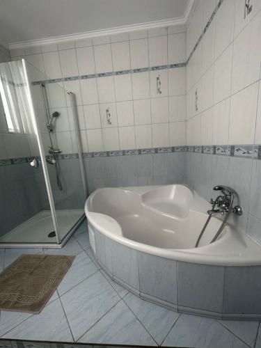 a bath tub in a bathroom with a shower at Pensjonat Diament in Borne Sulinowo