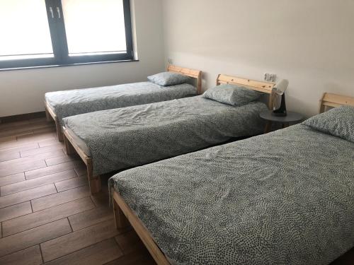 three twin beds in a room with a window at Apartament Modrzewiowa przy S3 in Zielona Góra