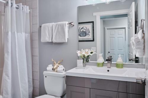 a bathroom with a sink and a toilet and a mirror at Creekside Villa in Canmore