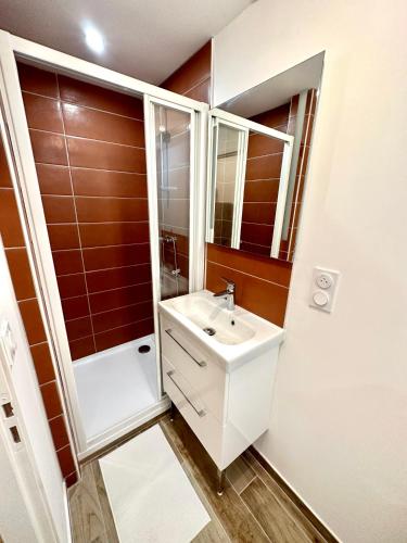 une salle de bain avec un lavabo et un miroir dans l'établissement Evasion dépaysante Canal du Midi* Jardin &Terrasse, à Castelnaudary