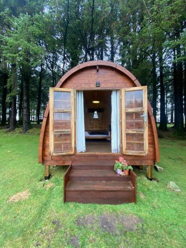 a small house with a door and a staircase in the grass at Camping Pods at Colliford Tavern in Bodmin