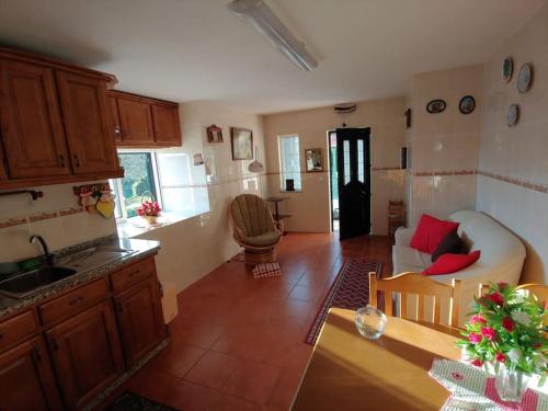 a kitchen and a living room with a couch at Ecorustics stay - Casa Ester in Ester