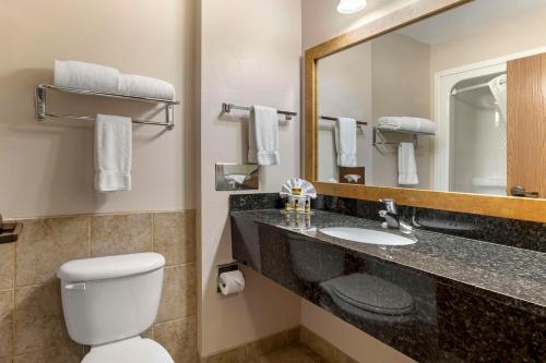 a bathroom with a toilet and a sink and a mirror at Best Western Plus Country Inn & Suites in Dodge City