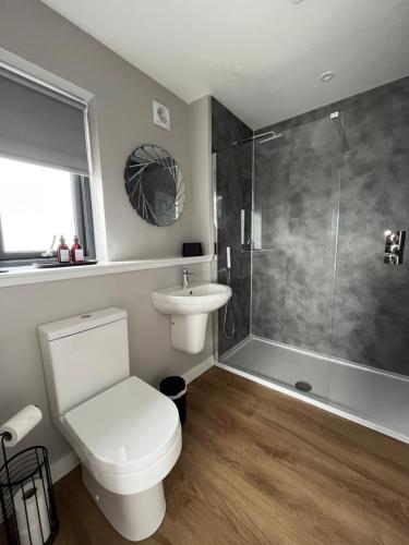 a bathroom with a toilet and a sink and a shower at Sgothan Dearg in Portree