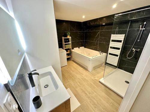 uma casa de banho com uma banheira, um lavatório e um chuveiro em Evasion dépaysante Canal du Midi * Terrasse & SPA em Castelnaudary