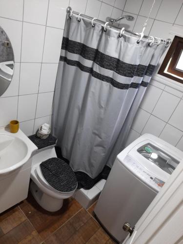 a bathroom with a shower curtain and a toilet at Borde Rio Coyhaique Cabaña y Tinaja in Coihaique