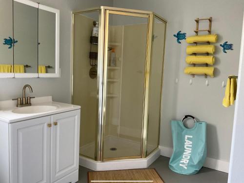 een badkamer met een douche en een wastafel bij The Art Garden- Hibiscus Guesthouse in Hawaiian Ocean View