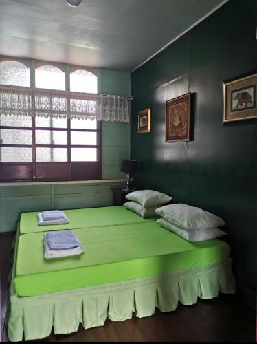a green bedroom with a green bed with two pillows at CASA CONCHITA BED & BREAKFAST in Taal