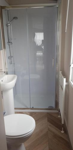 a bathroom with a shower and a toilet and a sink at Warner Lane in Selsey