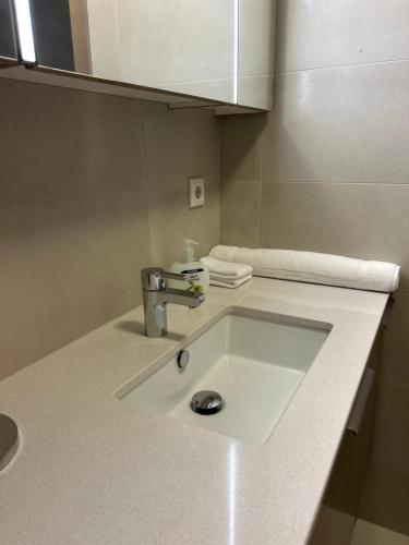 a bathroom counter with a white sink in it at Reykjavikrental in Reykjavík