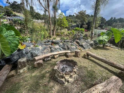 a rock garden with a fire pit in the yard at Cabaña Parque Arvi vista panorámica in Medellín