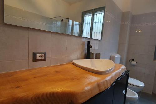 bagno con bancone in legno e lavandino di Casa Gernetto a Lesmo