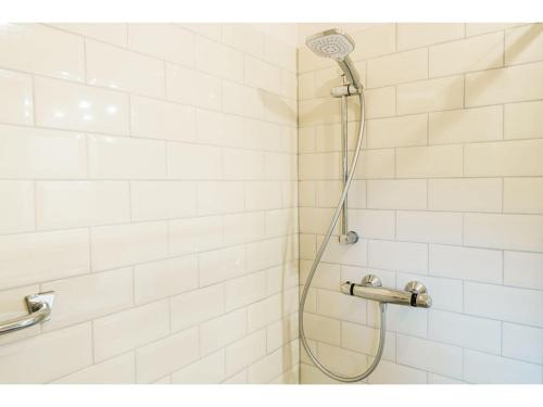 a shower with a shower head in a bathroom at Amazing holiday home in Goedereede with garden in Goedereede