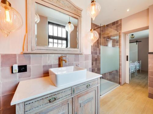 uma casa de banho com um lavatório e um espelho em Luxurious 5-star house in Limburg with jacuzzi, a paradise for families em Bree