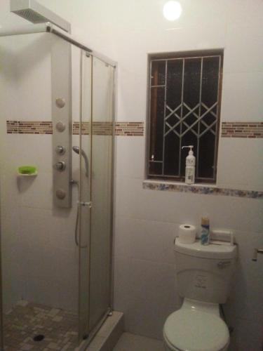 a bathroom with a toilet and a shower with a window at Protea Avenue Margate in Margate