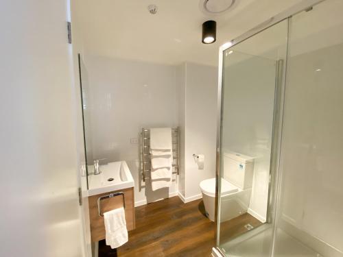een badkamer met een douche, een toilet en een wastafel bij Modern 2-bedroom Apartment 7-mins walk to Queenstown in Queenstown