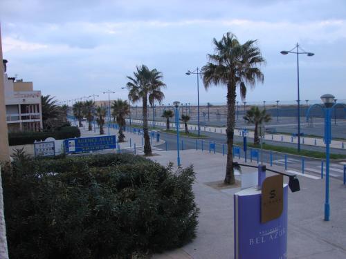 un parking avec des palmiers et des poteaux bleus dans l'établissement LE Jasmin, à Fleury