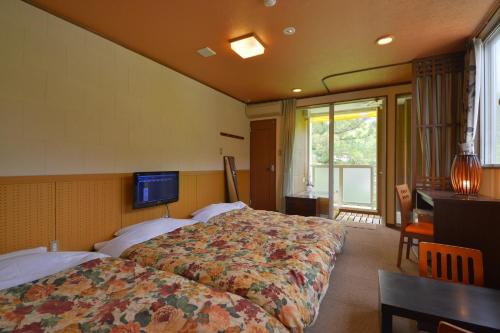 a bedroom with two beds and a desk and a television at Hotel Casual Euro in Nikko