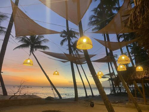 a beach with lights and palm trees and the ocean at Lang Chai Guesthouse in Mui Ne