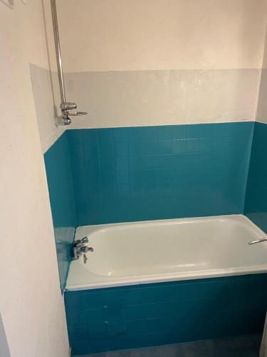 La salle de bains est pourvue d'une baignoire bleue et blanche. dans l'établissement Vue ensoleillée sur le port de Gruissan, à Gruissan