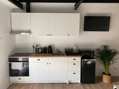 een keuken met witte kasten, een wastafel en een tv bij Appart rénové en duplex avec terrasse et garage in Bouleurs