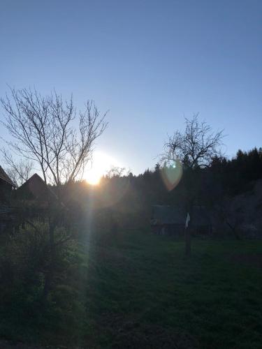 a sunset in a field with the sun in the sky at Soul House in Pilipets