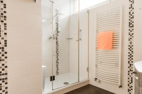 a bathroom with a shower and a sink at Ferienwohnung am Kurpark in Bad Lauterberg