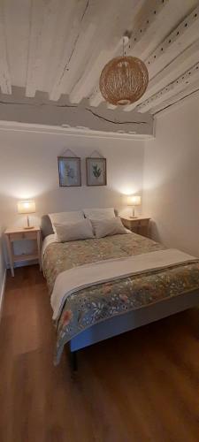 - une chambre avec un grand lit, deux tables et un lustre dans l'établissement Le cité d'or, à Dijon