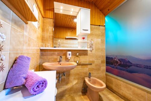 ein Badezimmer mit zwei Waschbecken und einem WC in der Unterkunft Farm Stay Trlej in Begunje